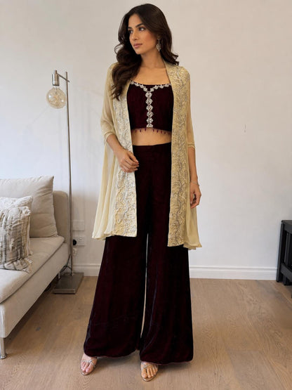 Deep Maroon Velvet Palazzo Set with Georgette Shimmer Cape