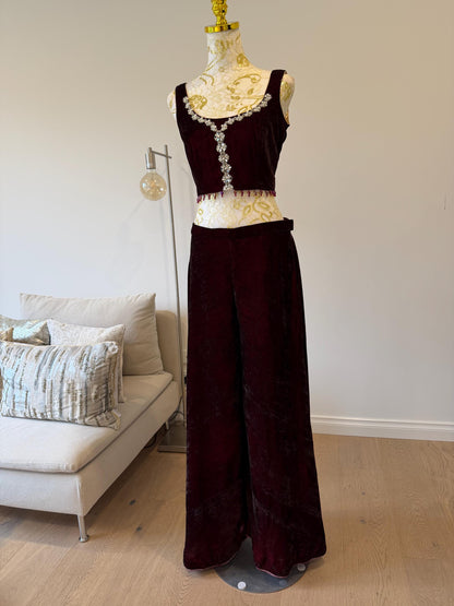 Deep Maroon Velvet Palazzo Set with Georgette Shimmer Cape