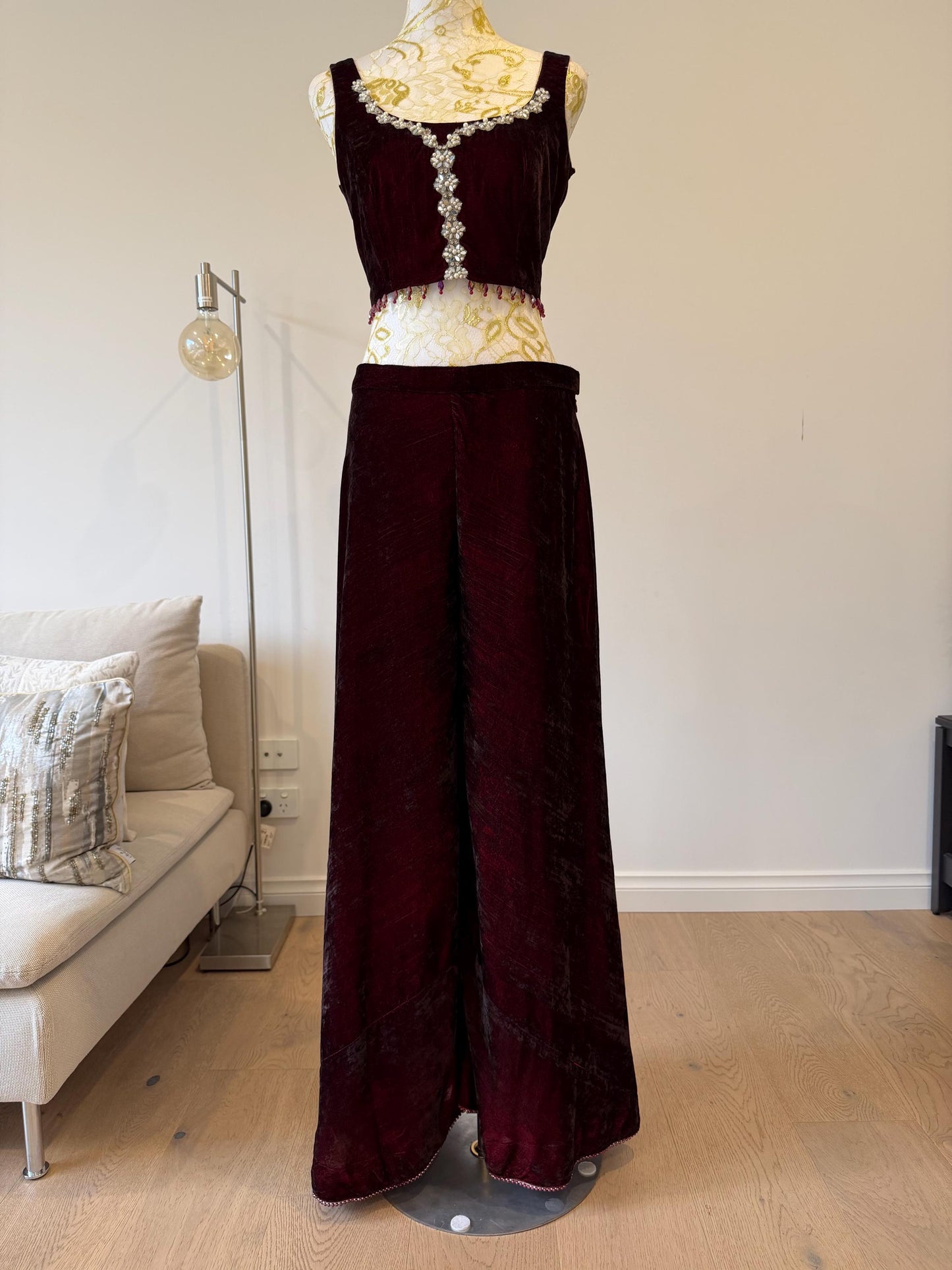 Deep Maroon Velvet Palazzo Set with Georgette Shimmer Cape