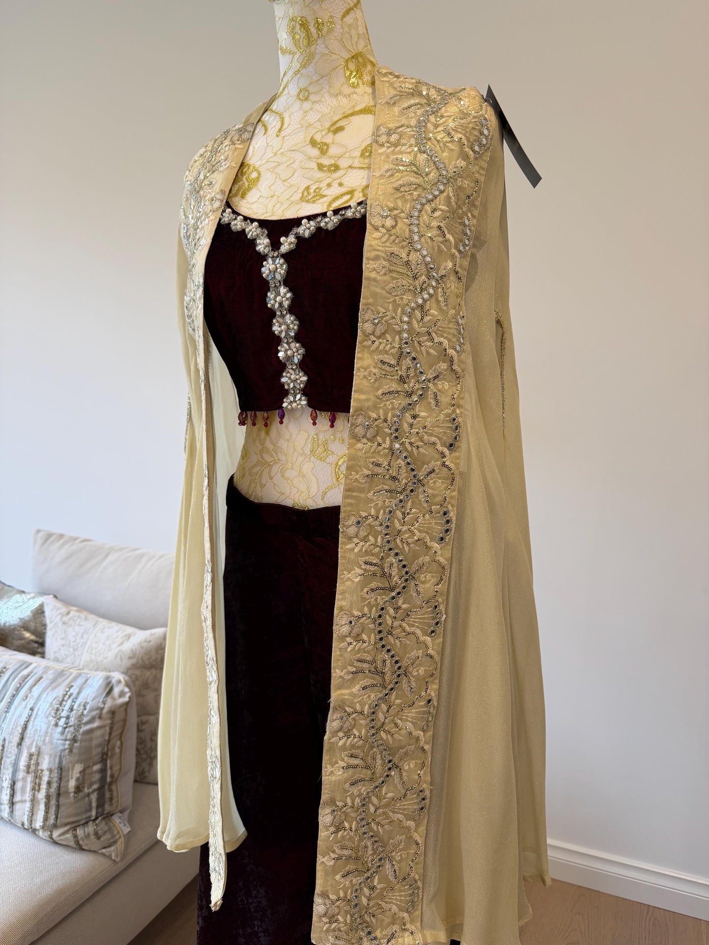 Deep Maroon Velvet Palazzo Set with Georgette Shimmer Cape
