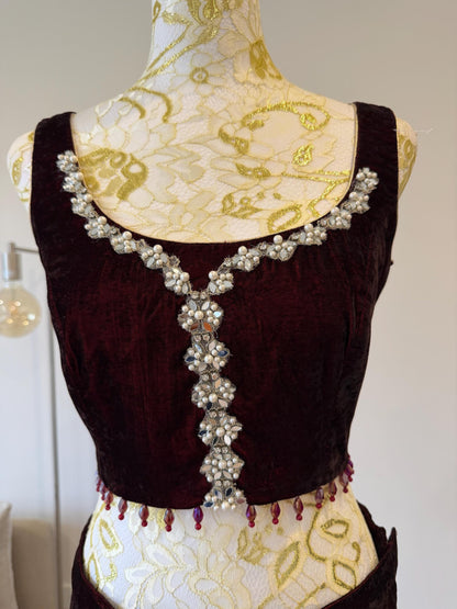 Deep Maroon Velvet Palazzo Set with Georgette Shimmer Cape