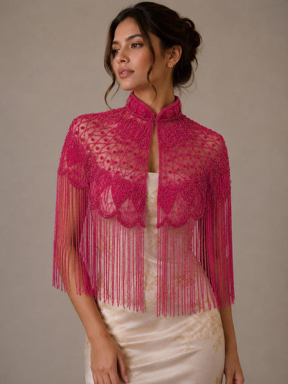 Fuchsia Beaded Fringe Capelet