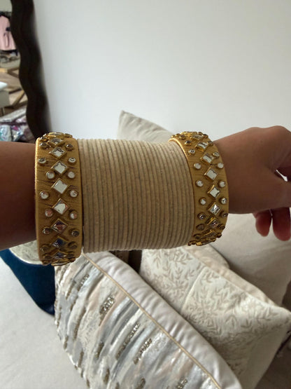 Beige Velvet Bridal Bangles Set with Mirror Work Kadas | Indian Wedding Jewelry