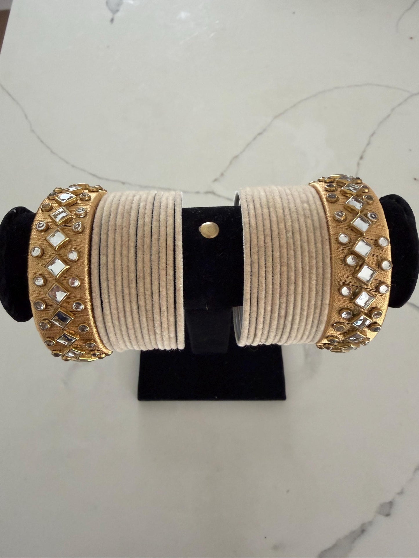 Beige Velvet Bridal Bangles Set with Mirror Work Kadas | Indian Wedding Jewelry