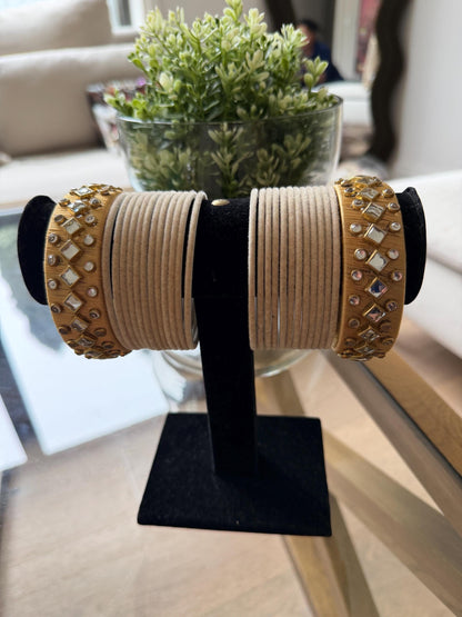 Beige Velvet Bridal Bangles Set with Mirror Work Kadas | Indian Wedding Jewelry