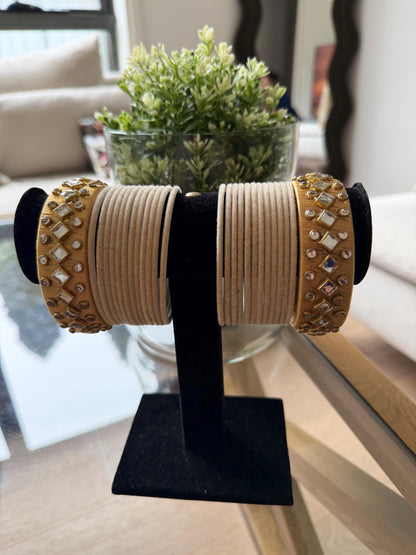 Beige Velvet Bridal Bangles Set with Mirror Work Kadas | Indian Wedding Jewelry