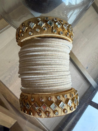 Beige Velvet Bridal Bangles Set with Mirror Work Kadas | Indian Wedding Jewelry