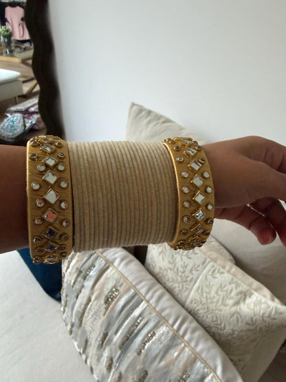 Beige Velvet Bridal Bangles Set with Mirror Work Kadas | Indian Wedding Jewelry