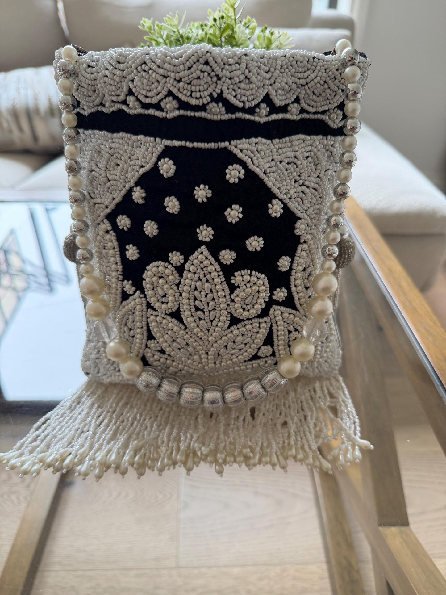 Handmade Velvet Potli Bag with Pearl Bead Work