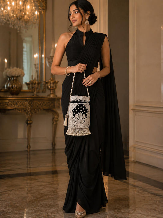 Handmade Velvet Potli Bag with Pearl Bead Work