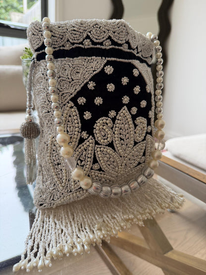 Handmade Velvet Potli Bag with Pearl Bead Work