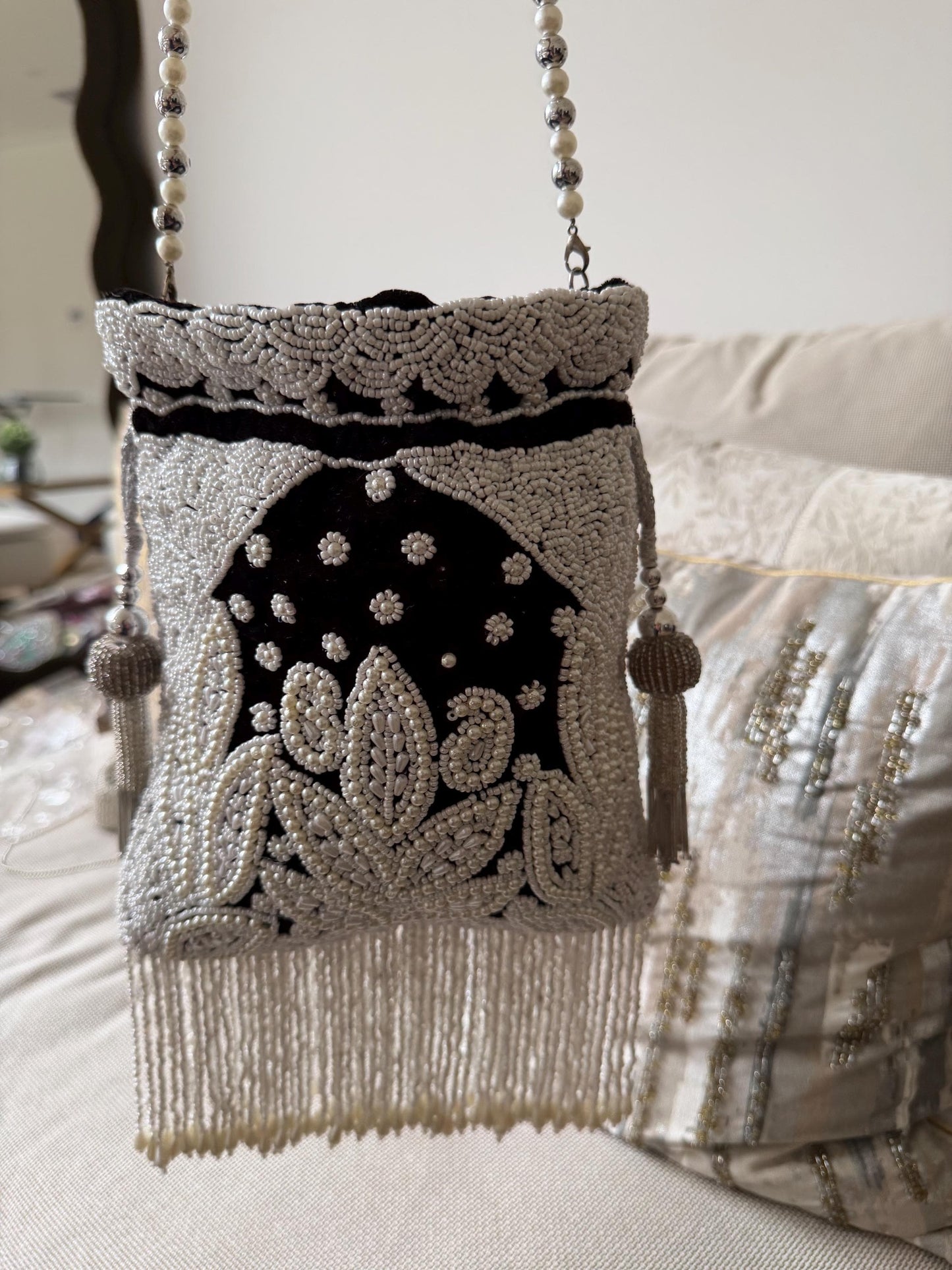 Handmade Velvet Potli Bag with Pearl Bead Work