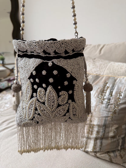 Handmade Velvet Potli Bag with Pearl Bead Work