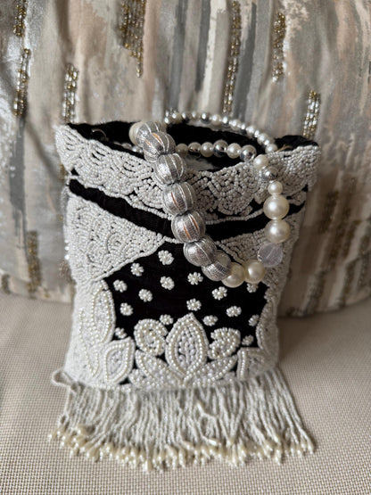 Handmade Velvet Potli Bag with Pearl Bead Work