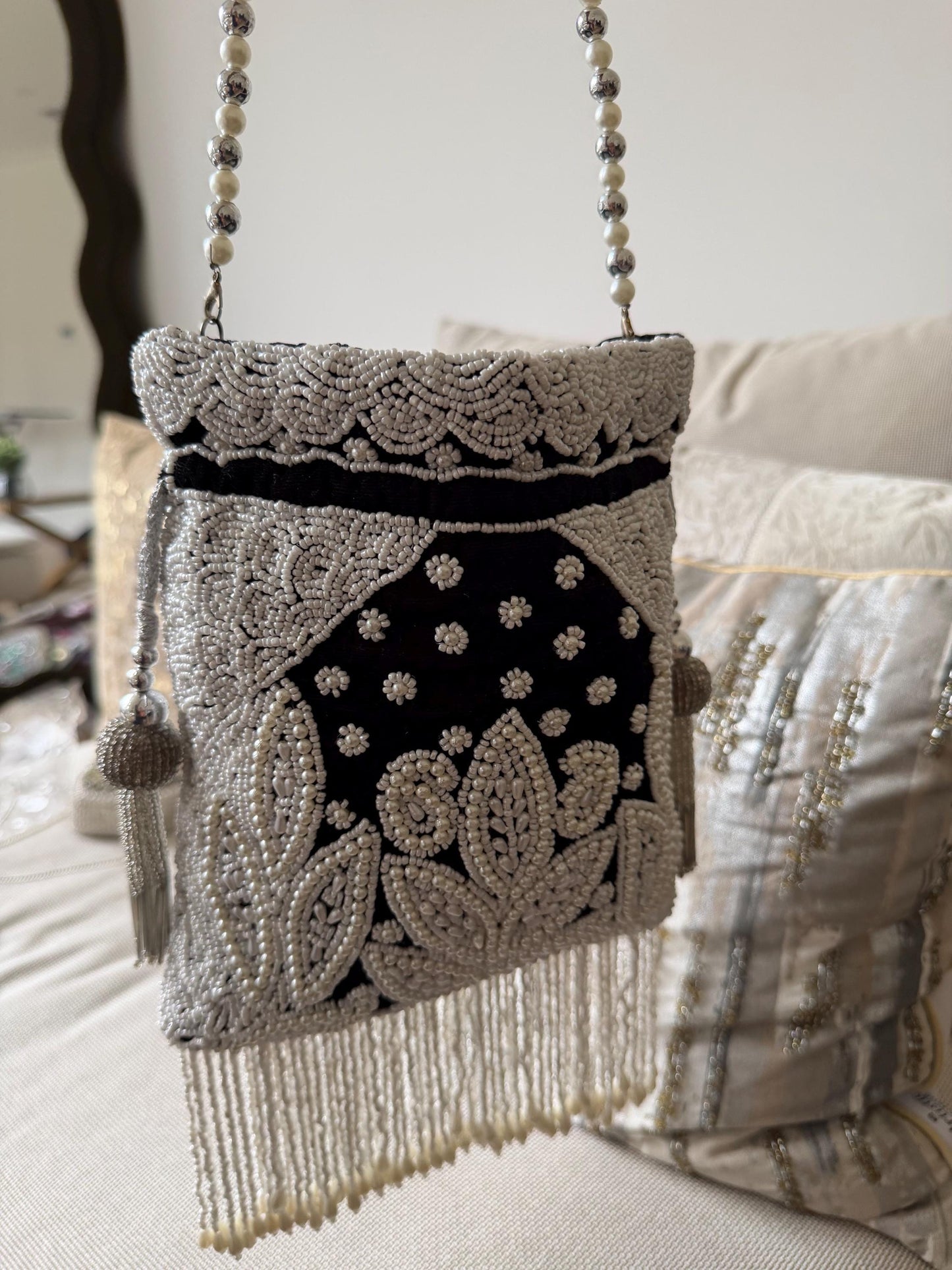 Handmade Velvet Potli Bag with Pearl Bead Work