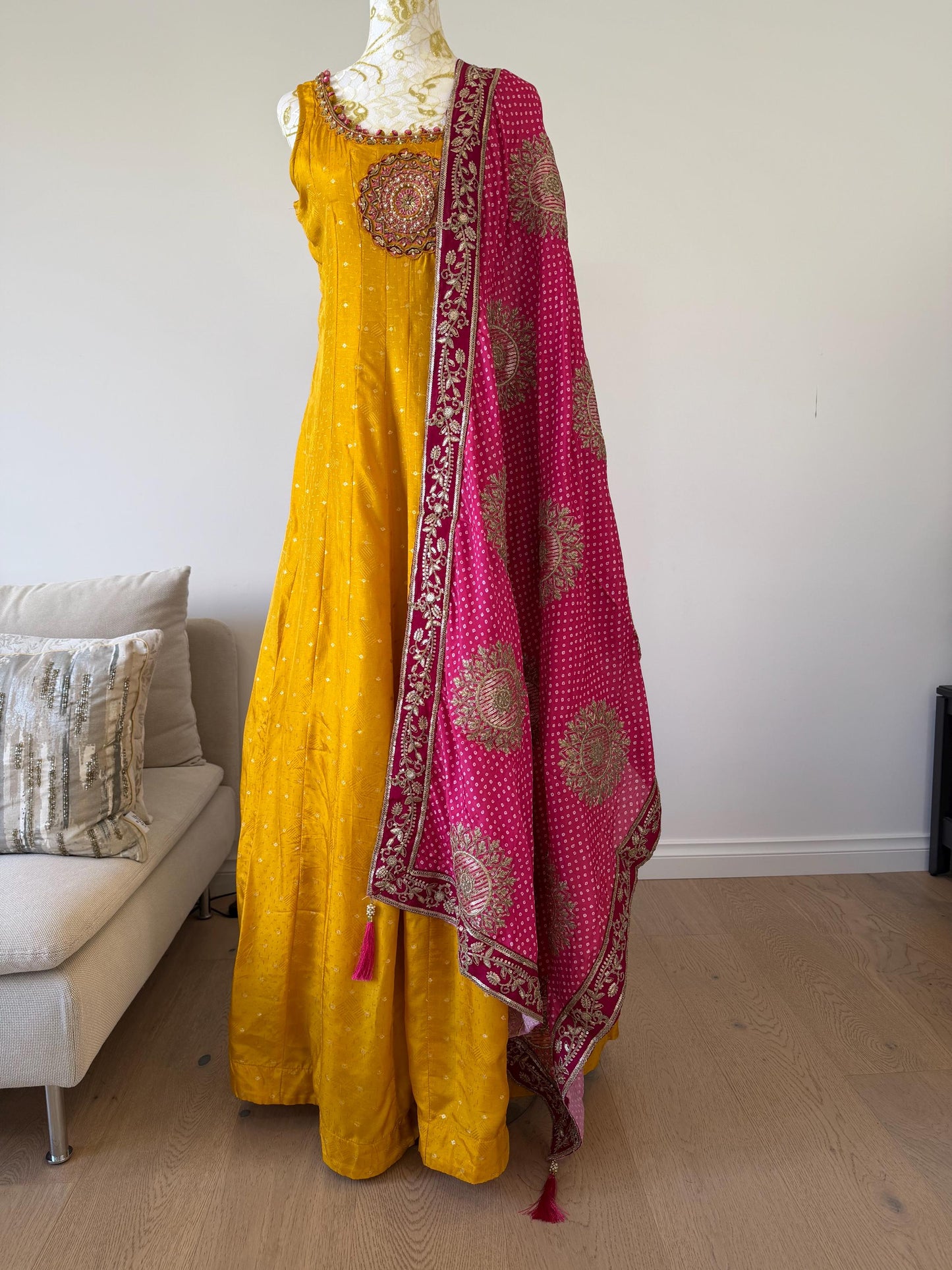 Mango Yellow Anarkali Dress with Magenta Embroidered Dupatta
