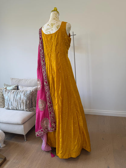 Mango Yellow Anarkali Dress with Magenta Embroidered Dupatta