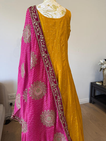 Mango Yellow Anarkali Dress with Magenta Embroidered Dupatta