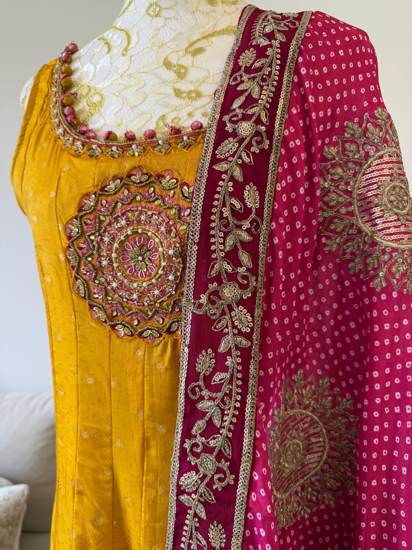 Mango Yellow Anarkali Dress with Magenta Embroidered Dupatta