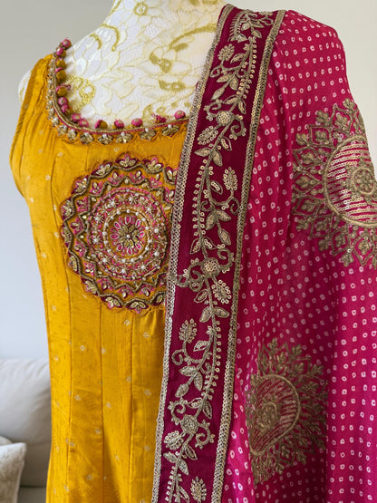 Mango Yellow Anarkali Dress with Magenta Embroidered Dupatta
