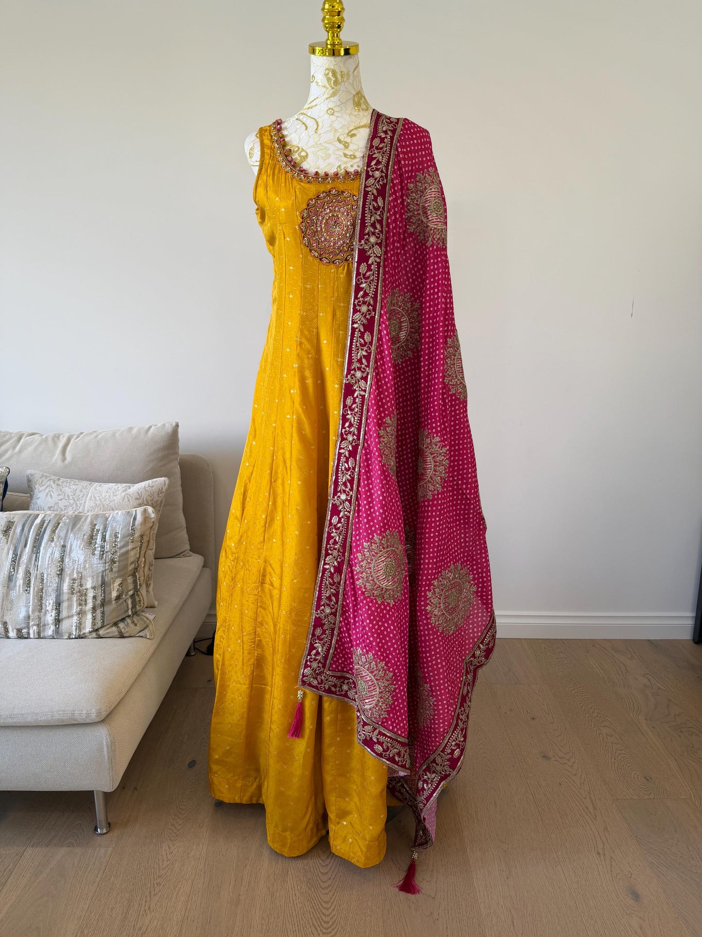 Mango Yellow Anarkali Dress with Magenta Embroidered Dupatta