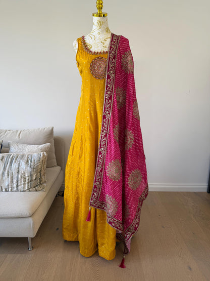 Mango Yellow Anarkali Dress with Magenta Embroidered Dupatta