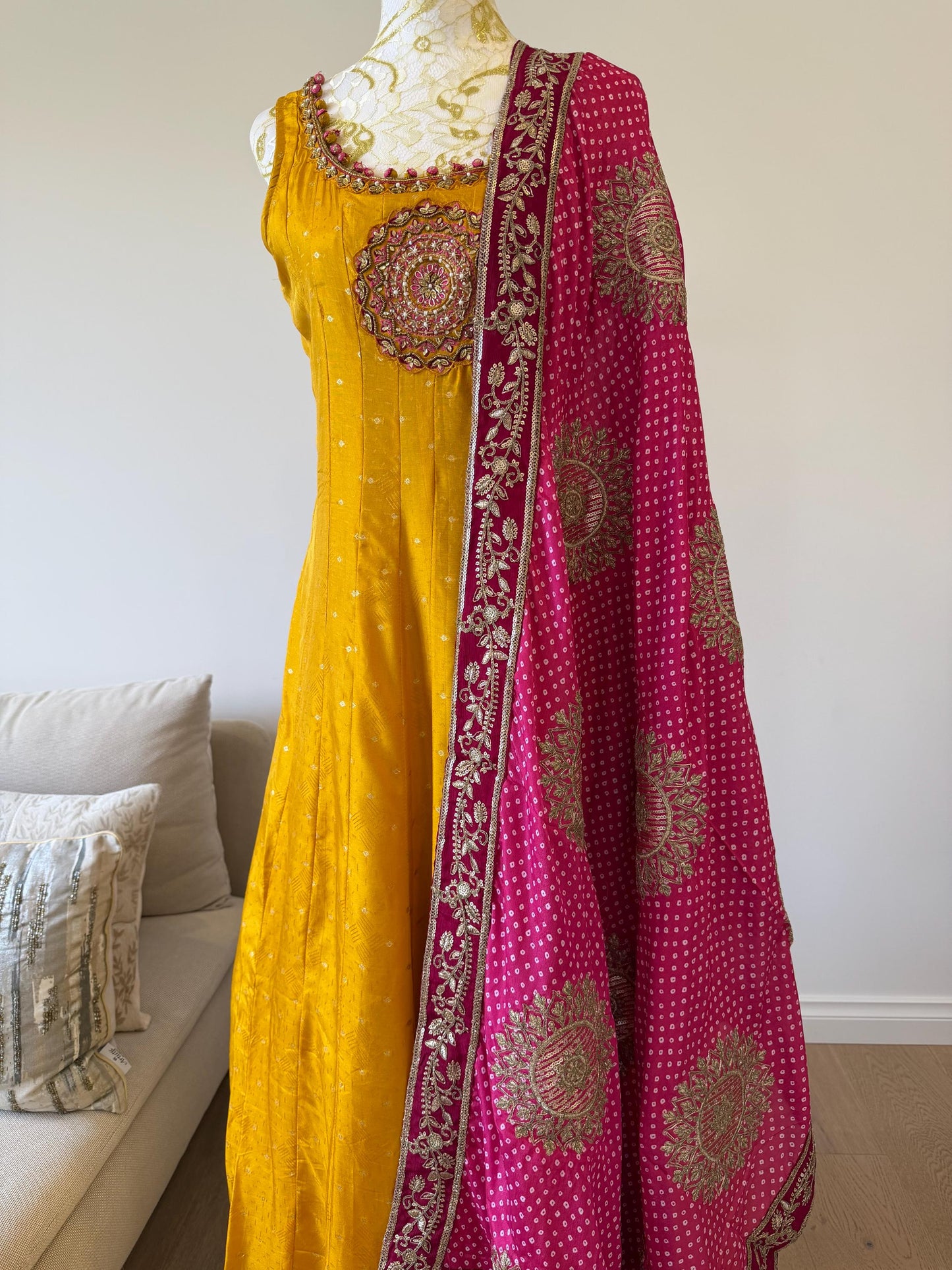 Mango Yellow Anarkali Dress with Magenta Embroidered Dupatta