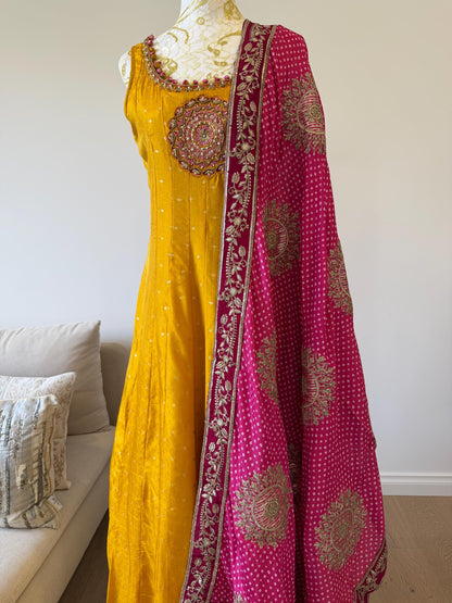 Mango Yellow Anarkali Dress with Magenta Embroidered Dupatta