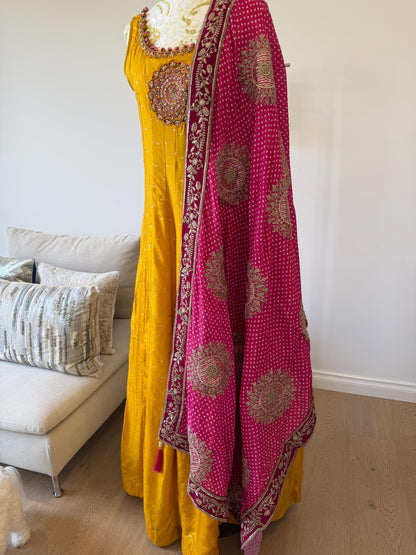 Mango Yellow Anarkali Dress with Magenta Embroidered Dupatta