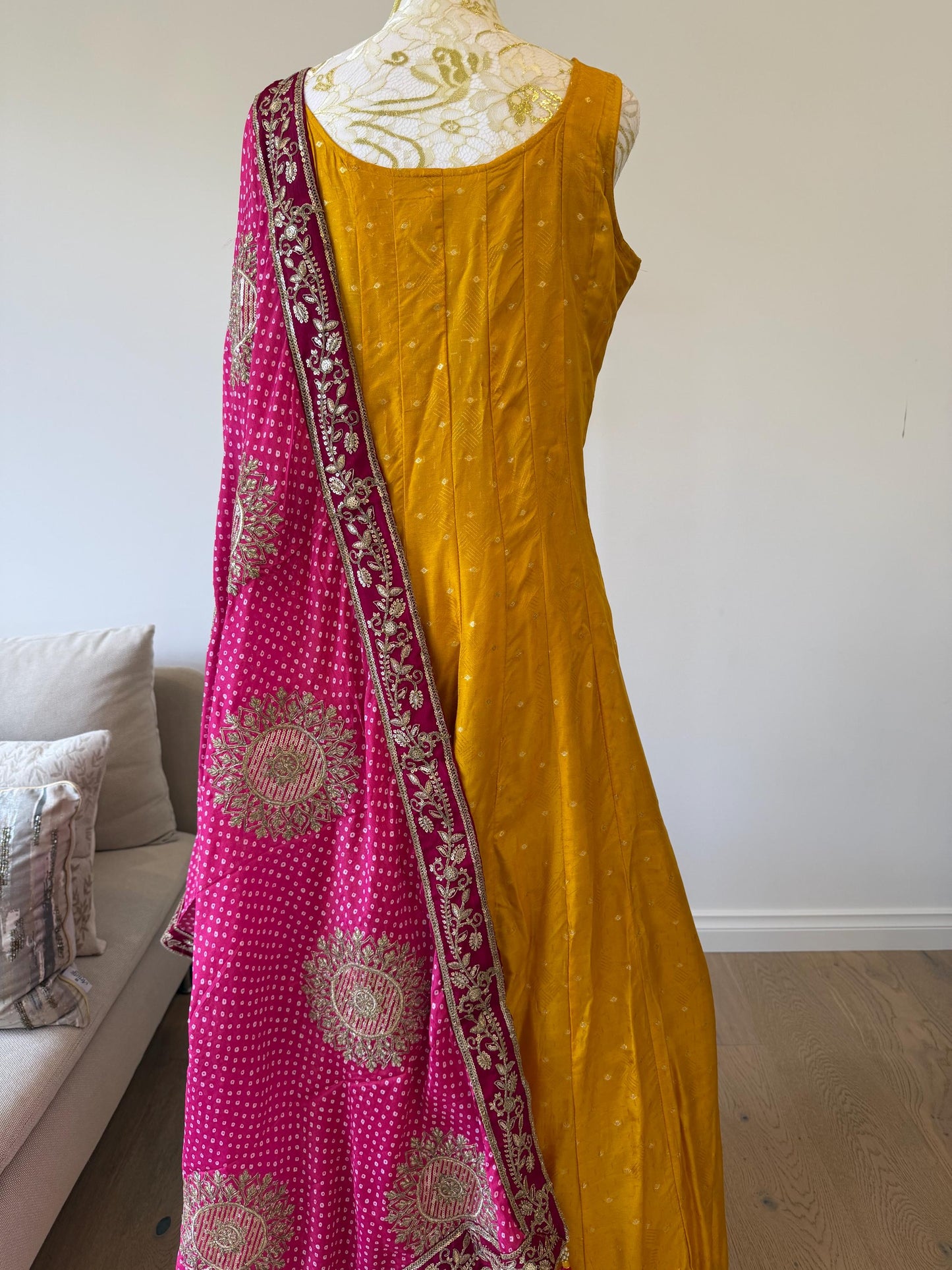 Mango Yellow Anarkali Dress with Magenta Embroidered Dupatta
