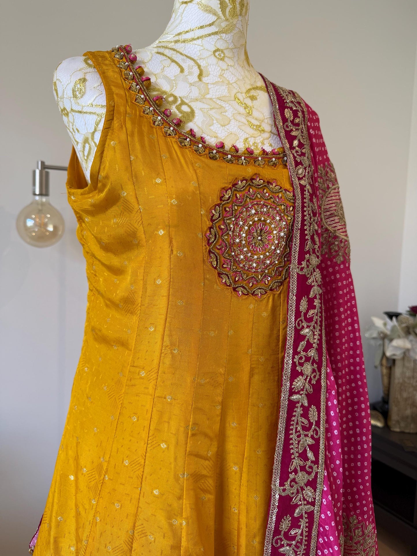 Mango Yellow Anarkali Dress with Magenta Embroidered Dupatta