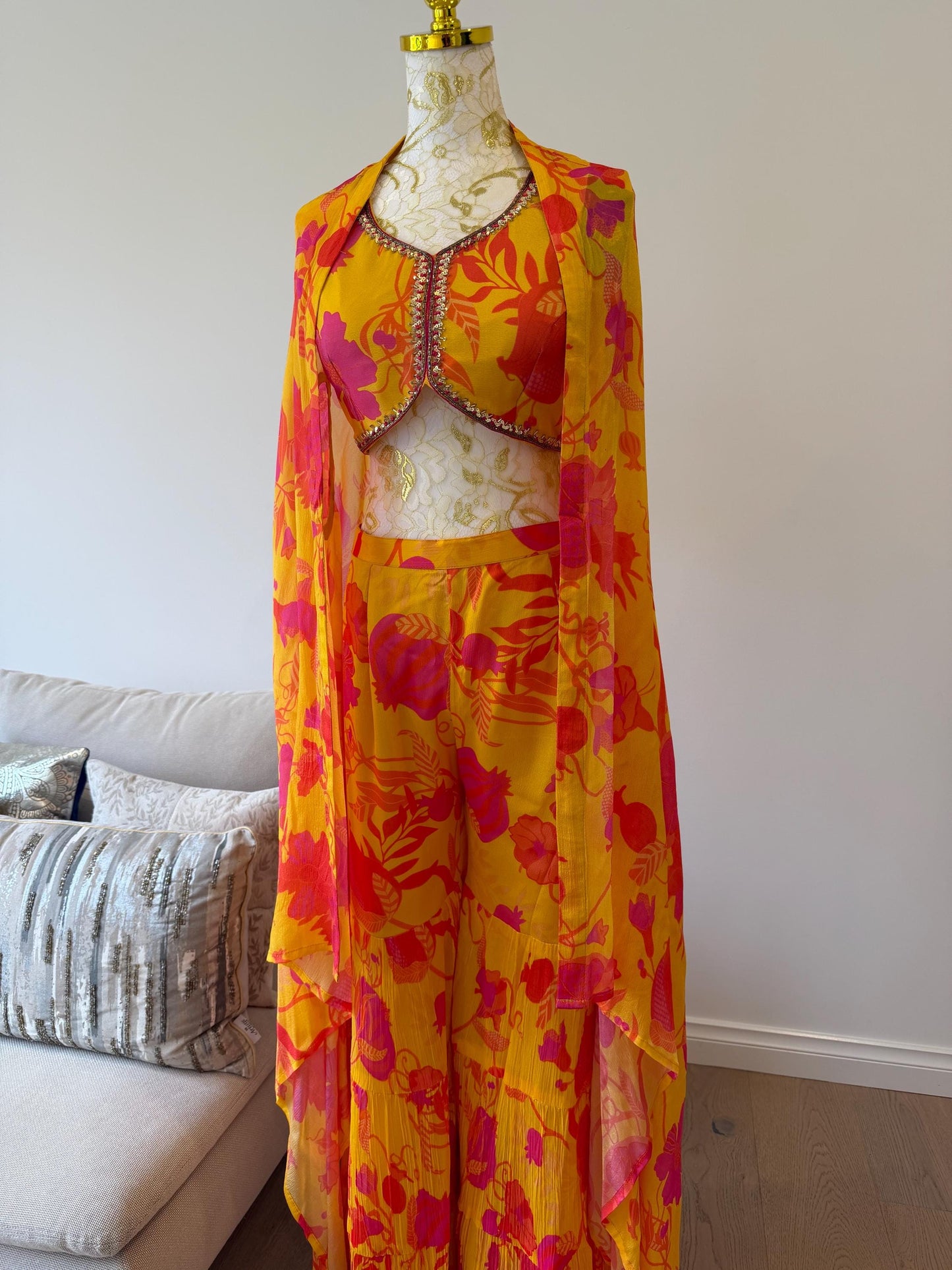 Yellow Pink Floral Chinon Indo Western Co-Ord Set with Cape