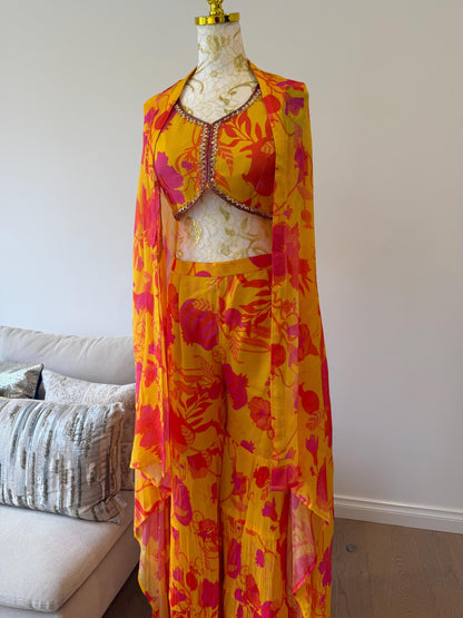 Yellow Pink Floral Chinon Indo Western Co-Ord Set with Cape
