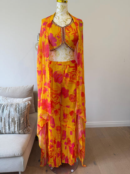 Yellow Pink Floral Chinon Indo Western Co-Ord Set with Cape