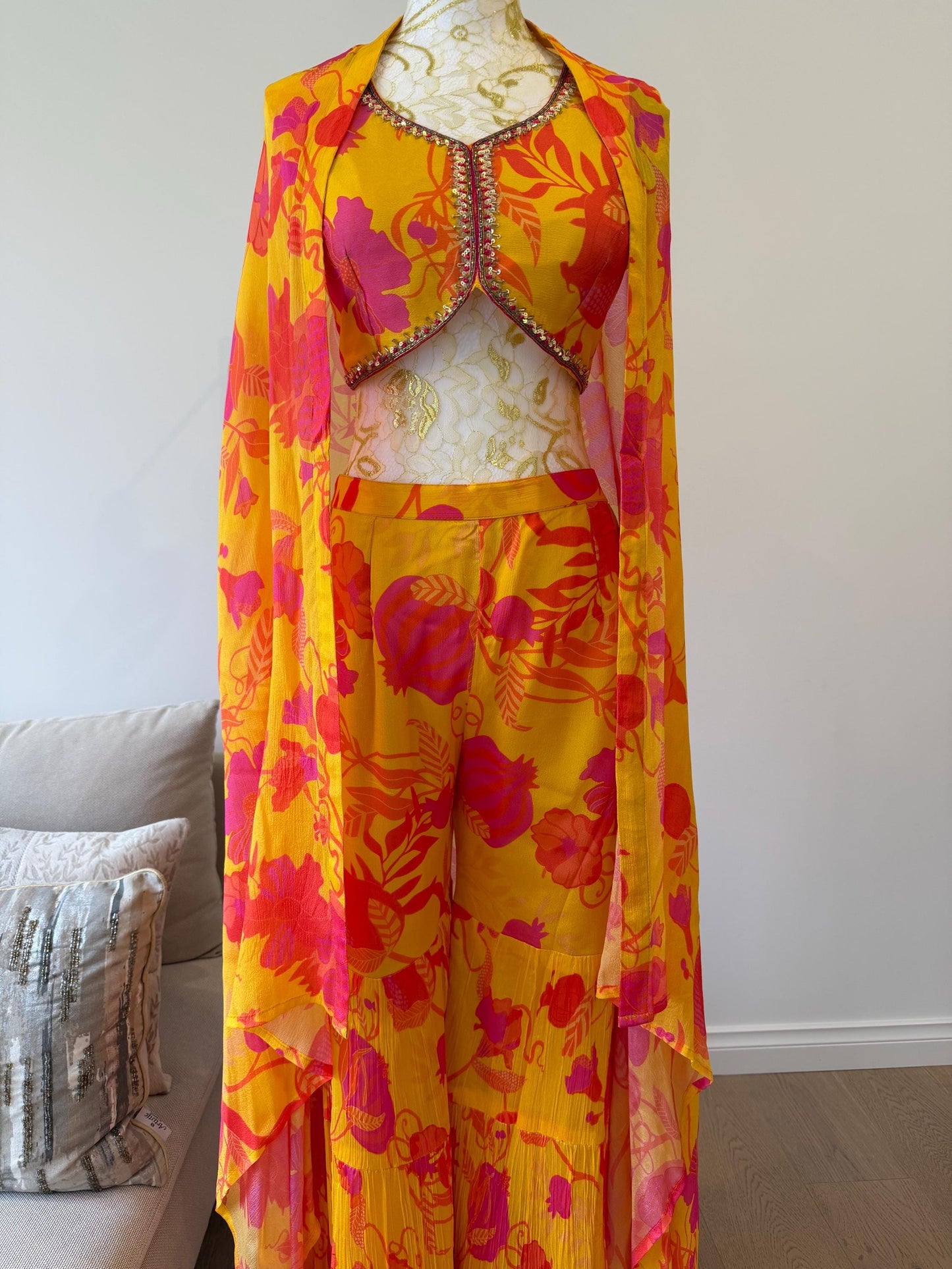 Yellow Pink Floral Chinon Indo Western Co-Ord Set with Cape