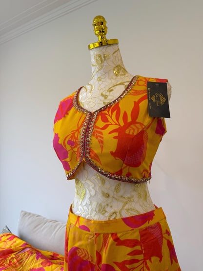 Yellow Pink Floral Chinon Indo Western Co-Ord Set with Cape
