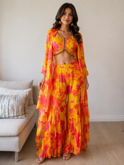 Yellow Pink Floral Chinon Indo Western Co-Ord Set with Cape