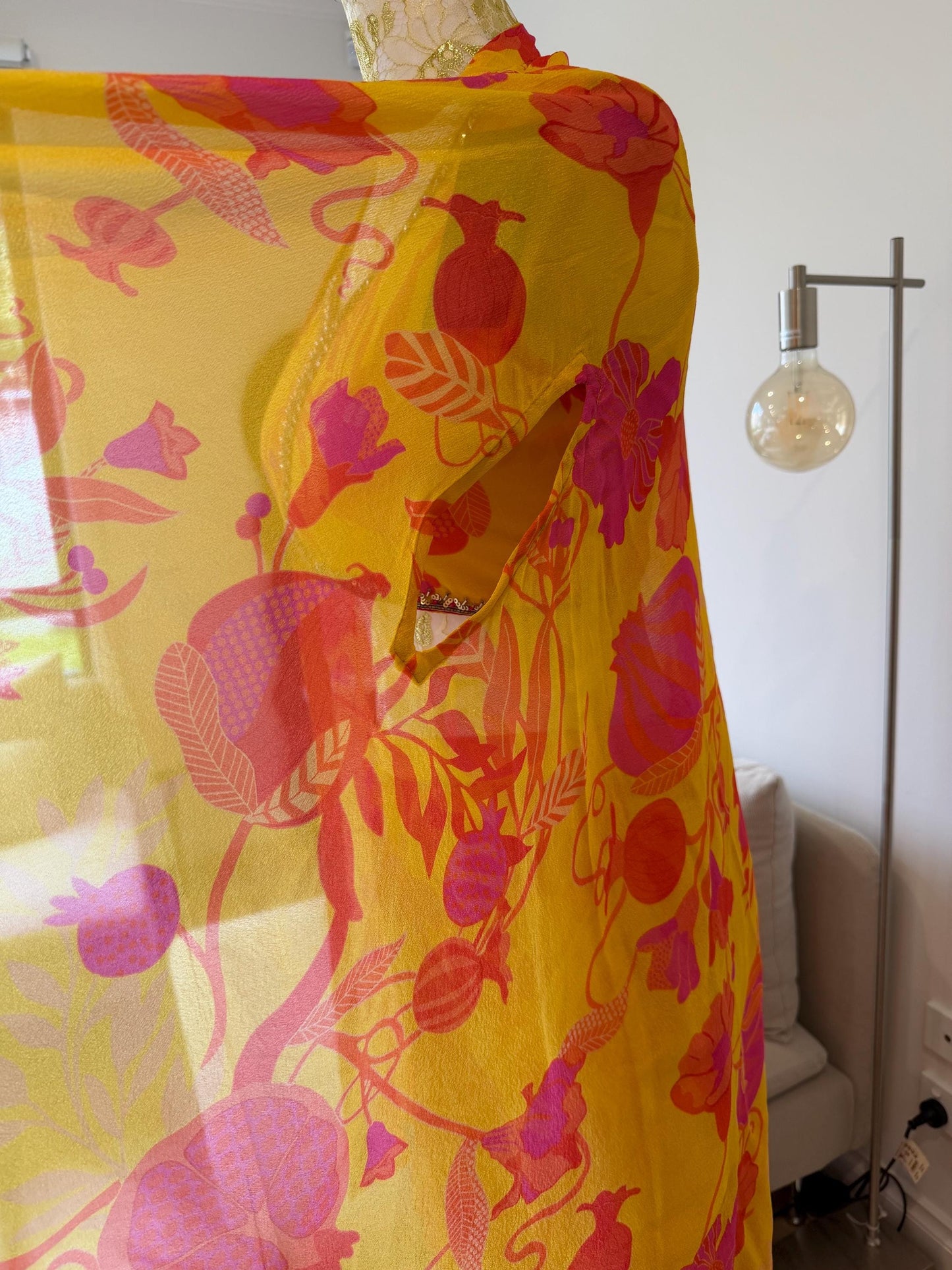 Yellow Pink Floral Chinon Indo Western Co-Ord Set with Cape
