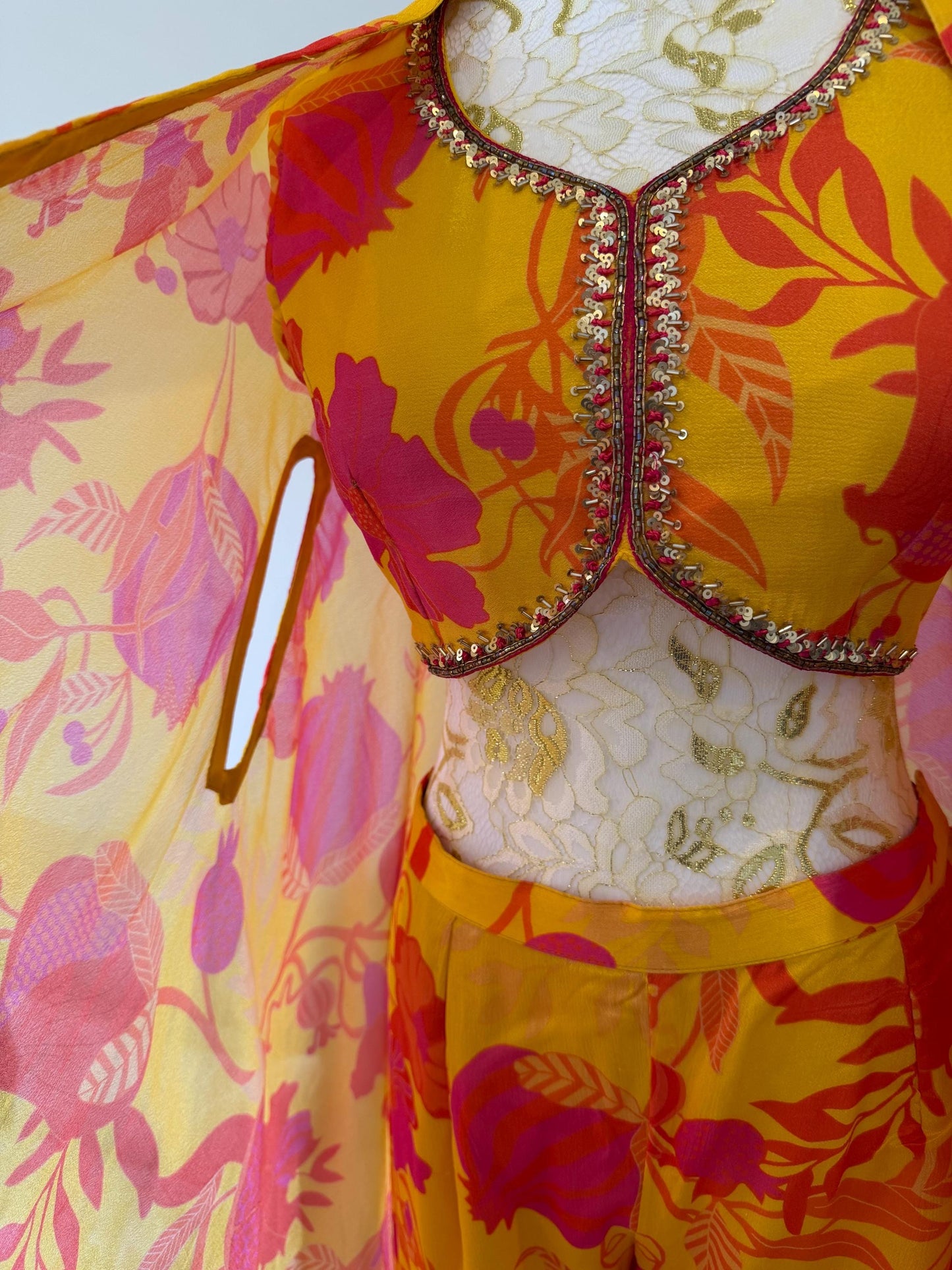 Yellow Pink Floral Chinon Indo Western Co-Ord Set with Cape