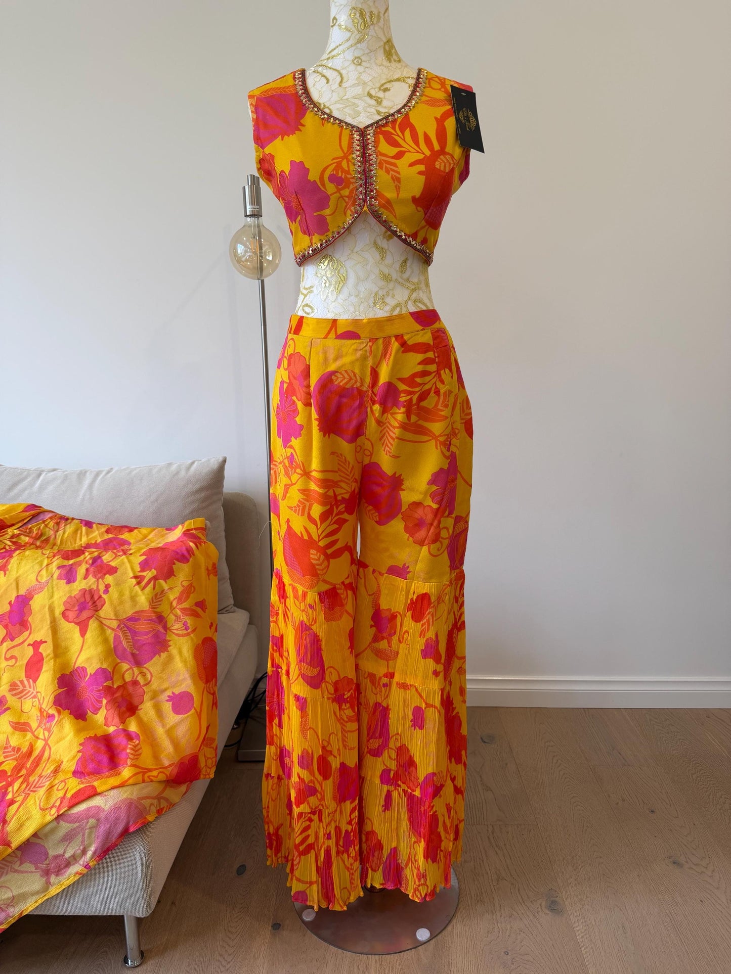 Yellow Pink Floral Chinon Indo Western Co-Ord Set with Cape
