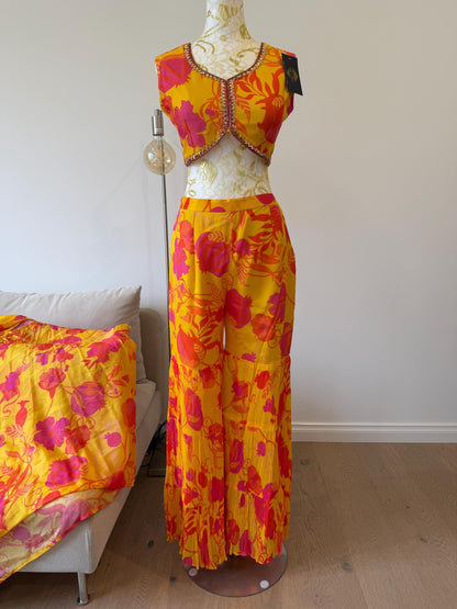 Yellow Pink Floral Chinon Indo Western Co-Ord Set with Cape