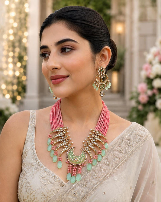 Pink Kundan Statement Necklace Set with Mint Green Drops
