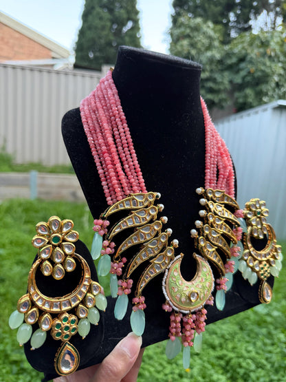 Pink Kundan Statement Necklace Set with Mint Green Drops