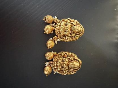 Antique Gold Temple Stud Earrings | Lakshmi Inspired Ethnic Earrings | South Indian Traditional Jewelry | Pearl Drop Temple Studs | Festive