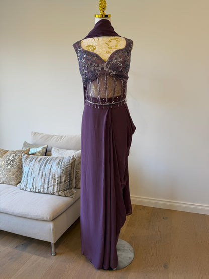 Plum Georgette Ready-to-Wear Saree