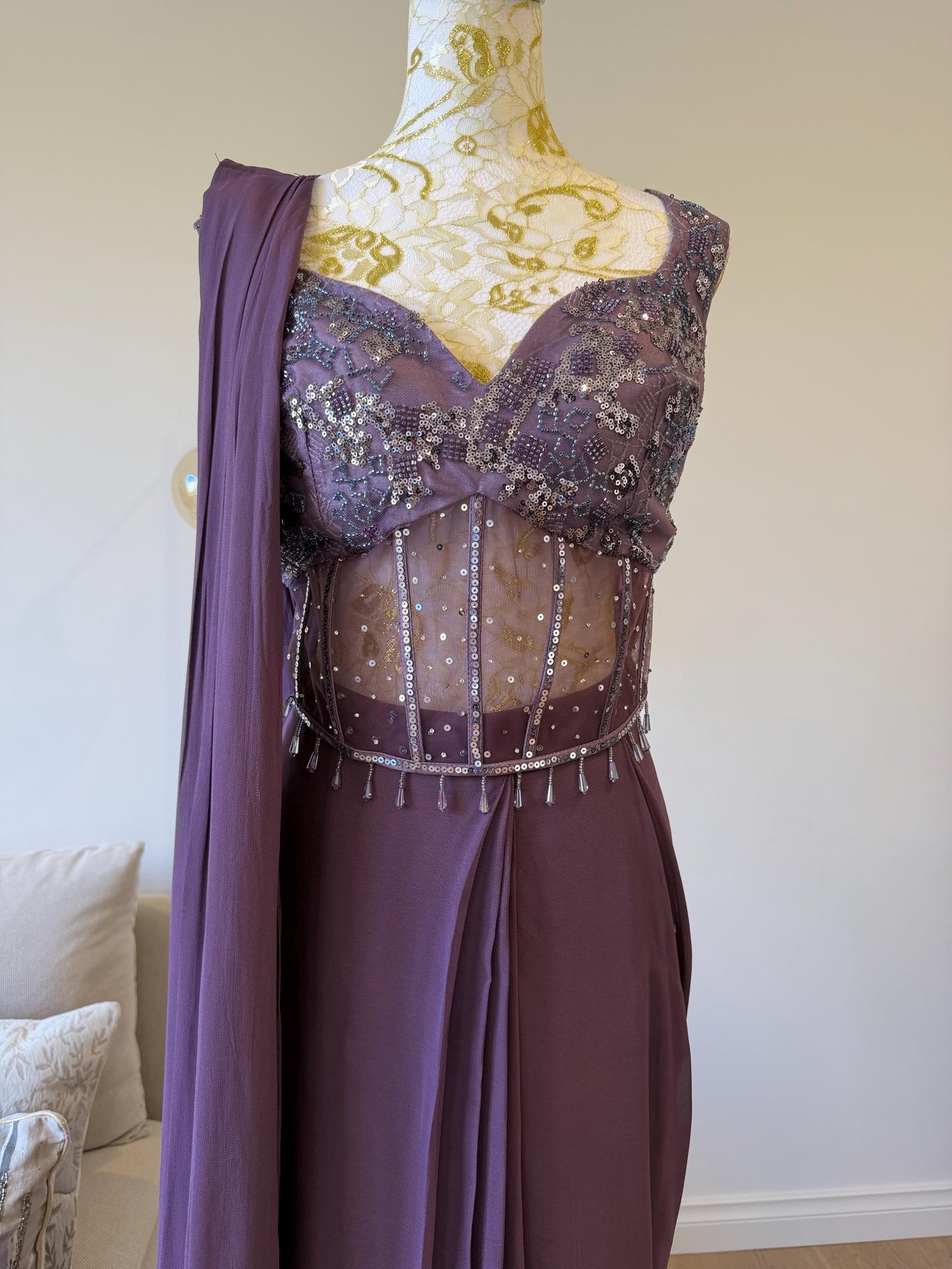 Plum Georgette Ready-to-Wear Saree