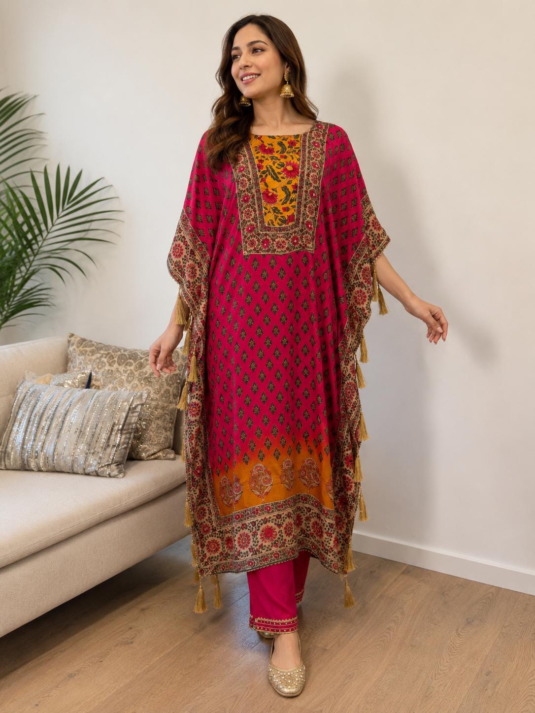 Pink Mustard Floral Crape Kaftan Set with Pants