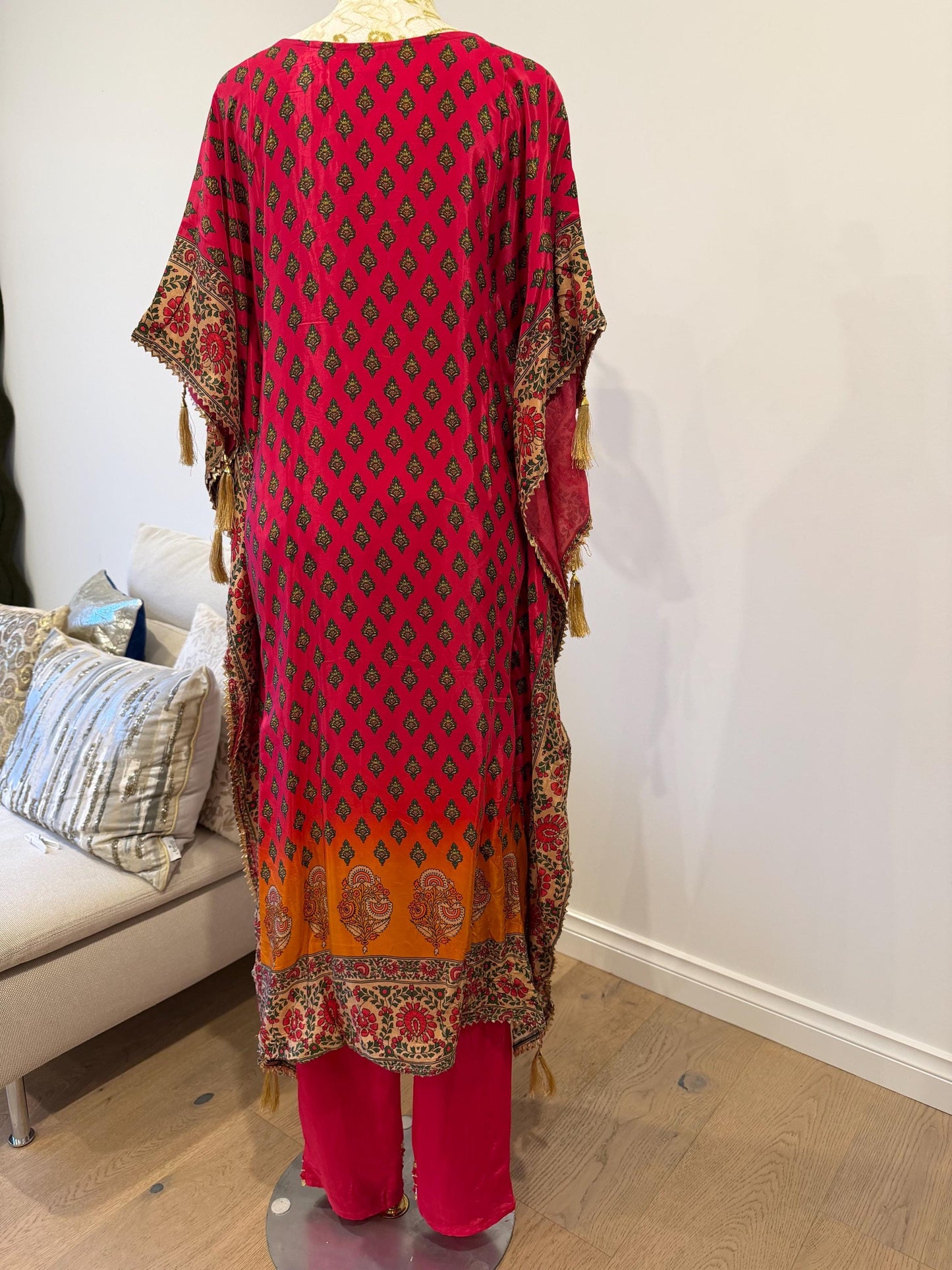 Pink Mustard Floral Crape Kaftan Set with Pants