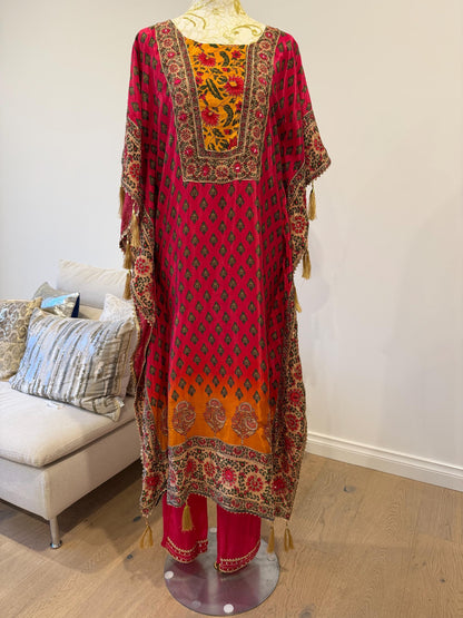 Pink Mustard Floral Crape Kaftan Set with Pants