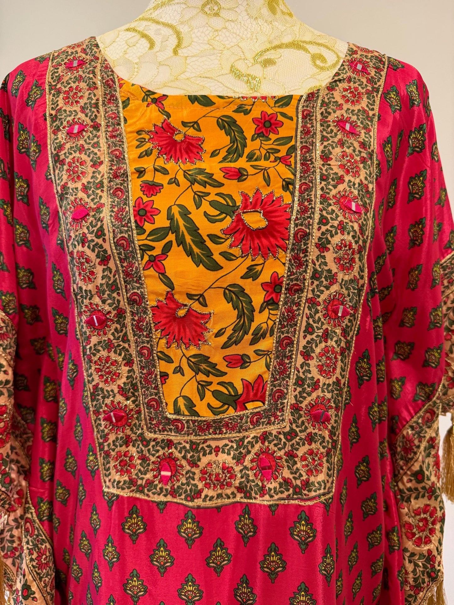 Pink Mustard Floral Crape Kaftan Set with Pants